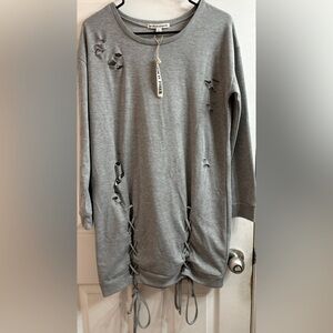 Moral Fiber Distressed Lace Up Gray Sweater Dress Women’s Size Large